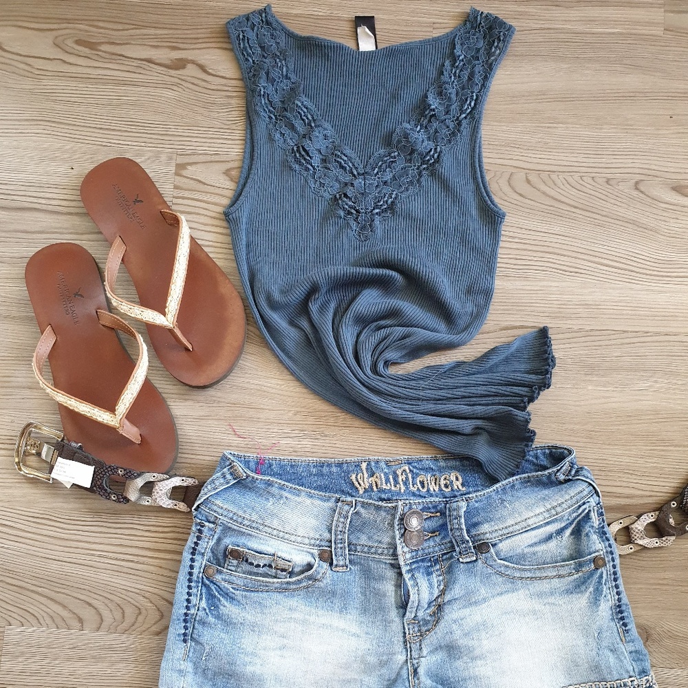 Blue Tank top with lace Sz M